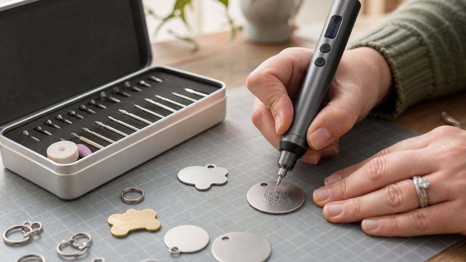 Cordless engraving pen marking a stainless pet ID tag