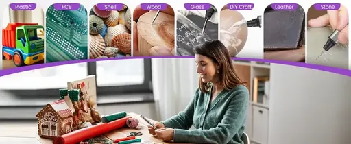 A collage-style product image showing a portable engraving pen being used on plastic, circuit boards, shell, wood, glass, DIY crafts, leather, and stone, with a lifestyle scene of a person working at a craft table.